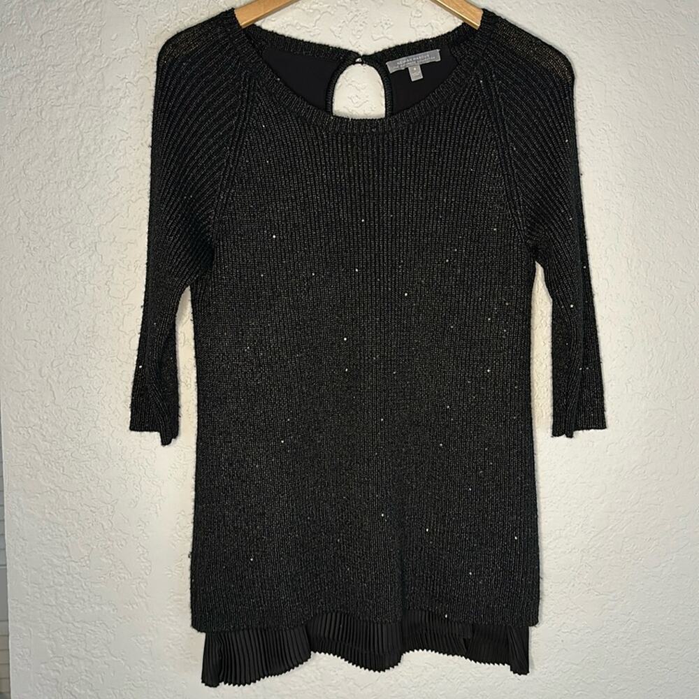 Neiman Marcus 100% Cashmere Black Sparkle Sweater Silk Liner Peekaboo 3/4 Sleeve